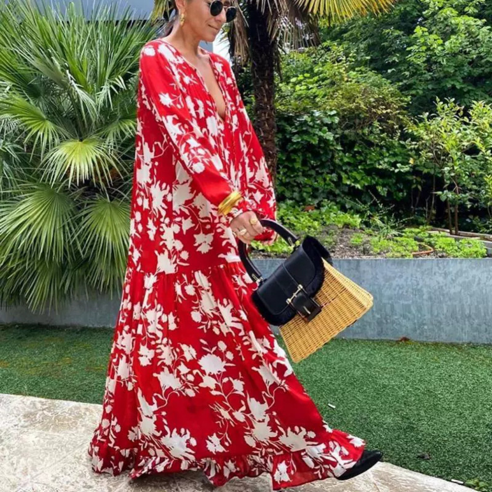 ZARA Summer New Long Sleeve Flared Loose Casual Maxi Dress Digital Print